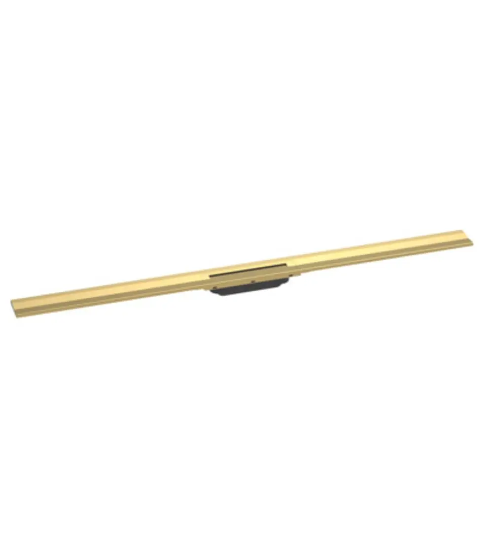 Duschrinne aus Edelstahl mit polierter Gold-Optik von Hansgrohe, mit einer schmalen und geraden Form für die Wandmontage, geeignet für die Anpassung an verschiedene Größen.
